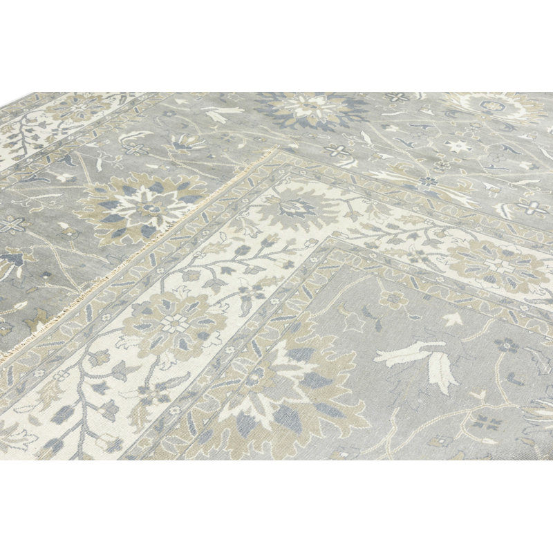 Floral Handmade Hand-Knotted Rectangle 11'10" x 14'10" Wool Area Rug in Taupe