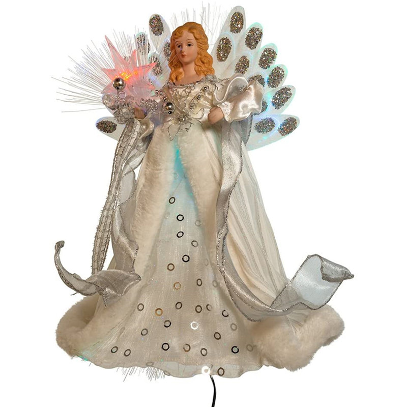 12-Inch White and Silver LED Fiber Optic Angel Tree Topper