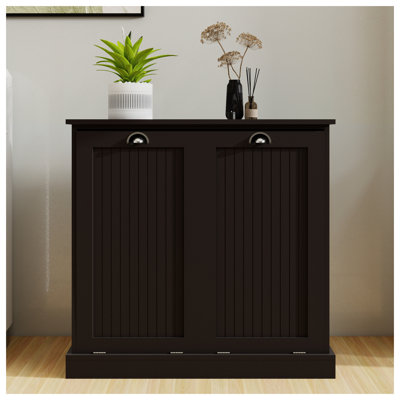 Two-Compartment Tilt-Out Laundry Sorter Cabinet in Black with Removable Cloth Bags