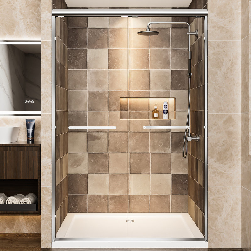 48" Width Aluminum Double Sliding Shower Door, 72" Height, 1/4"  6Mm  Tempered Glass With - Proof Film, Waterproof Design And Reversible Installation In Modern Bathroom Clear Breakage Easy To Install