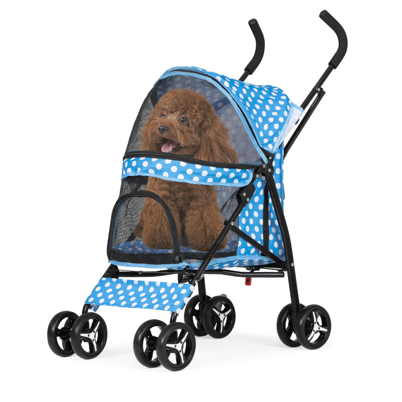 Sky Blue Polka Dot Foldable Pet Stroller with Mesh Windows