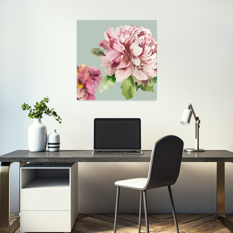 Pivoine rose I, délicat, romantique, art contemporain naturel de printemps, H 18 po x l 18 po