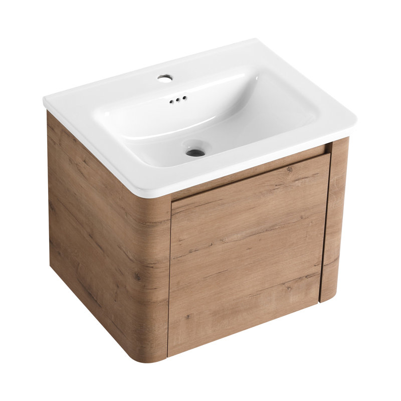 Meuble-lavabo moderne de 24 po avec lavabo en céramique blanc, grand rangement au bas et charnières pour une porte silencieuse fonctionnelle de 24 po à fermeture en douceur, résistance aux égratignures de surface