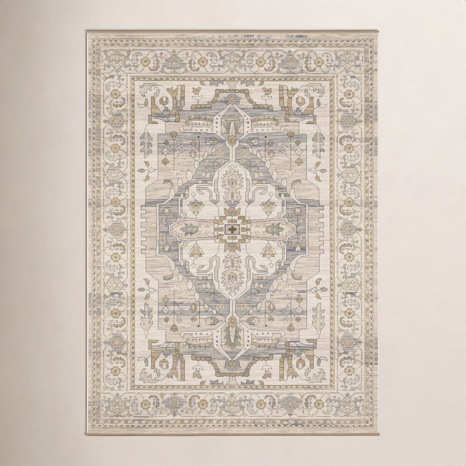 Abena Beige Gray Medallion Oriental Wool Rug, Rectangle 3'3" x 5'