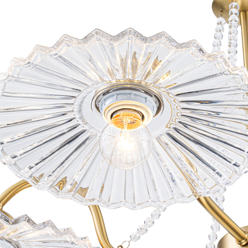 32,28 po Lustre 6 lumières Mid-Century moderne en or brossé avec abat-jour en verre plissé transparent et décorations en perles de cristal pour le salon, la salle à manger, le vestibule