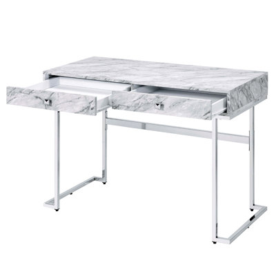Bureau d'écriture rectangulaire, 2 tiroirs pour l'organisation du bureau, plateau en pierre d'ingénierie blanche, glissière de tiroir latérale en métal, 1/2 extension, espace pour les jambes: l 35 po x l 19 po x P 26 po, dimension 18 po x 15 po x 2 po, simple et aéré