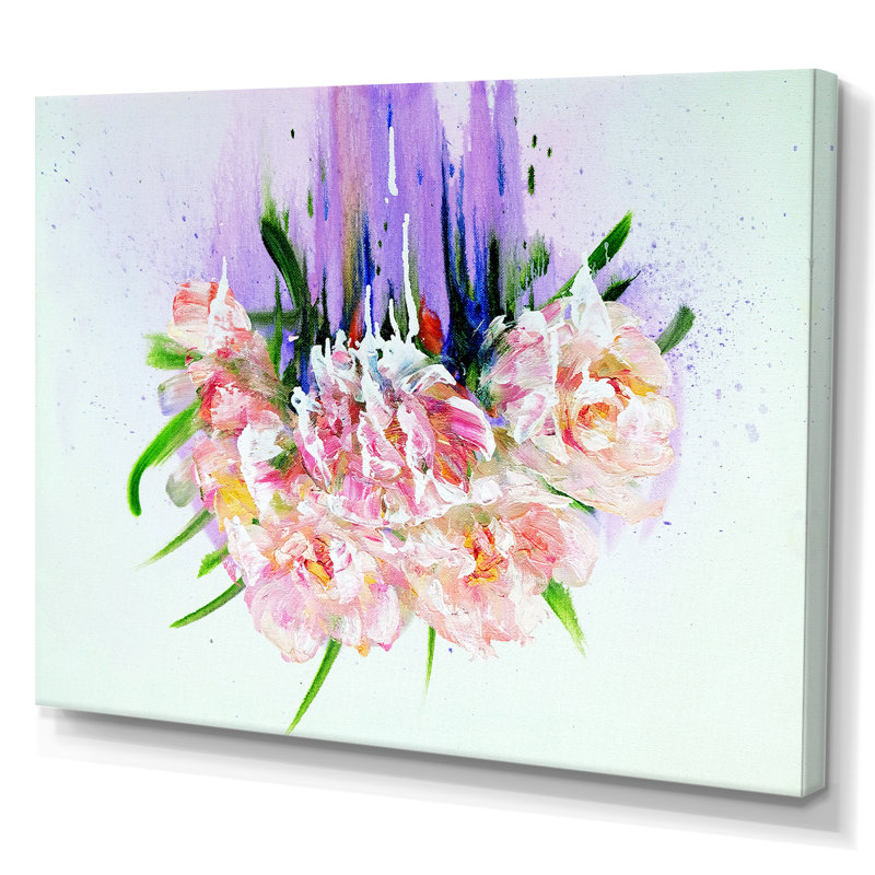 Fleurs de printemps modernes roses et mauves - reproduction sur toile flottante, H 12 po x l 20 po x P 1 po, Toile tendue