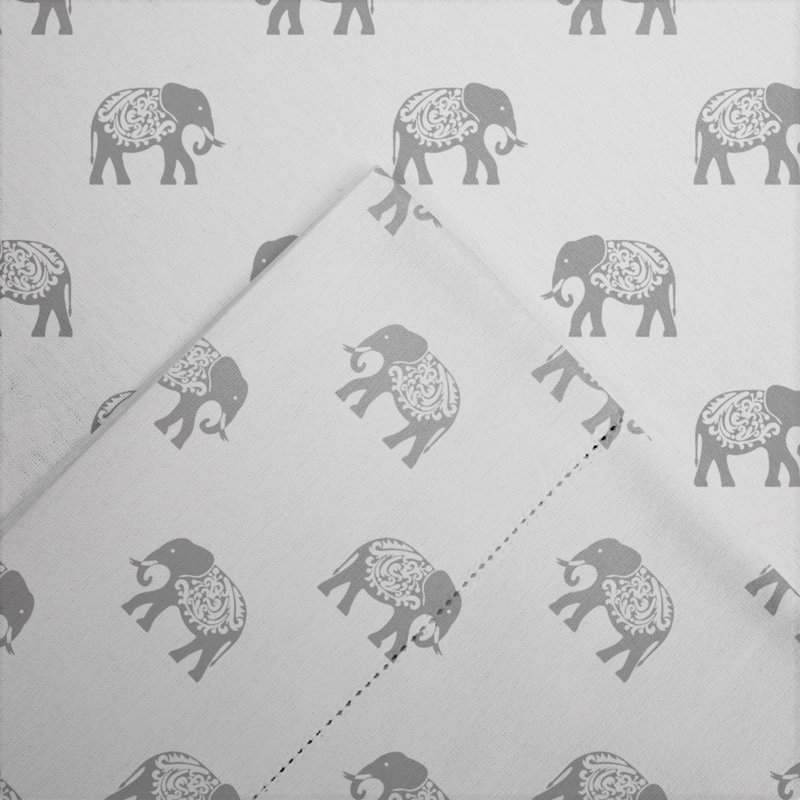 California King White Cotton Flannel Elephant Print Sheet Set