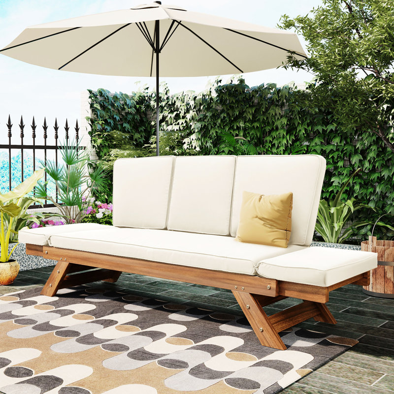 Lit de jour de patio extensible avec coussins et coussins recouverts de tissu aquatique doux de 2,8 po d'épaisseur, 3 coussins multifonctionnels à positions réglables, pour patio de jardin, cadre