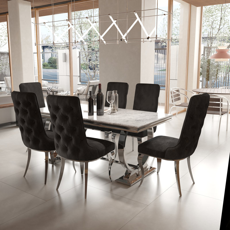 Ensemble de table de salle à manger Glam blanc et doré avec 4 chaises capitonnées en cuir blanc, 7