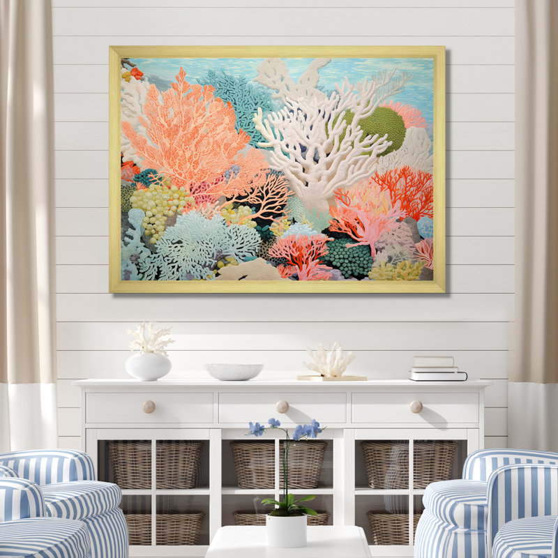 «Colorful Coral and Anemones Scenery I - Coastal Coral Under Water», reproduction d'art sur toile encadrée, Cadre doré simple