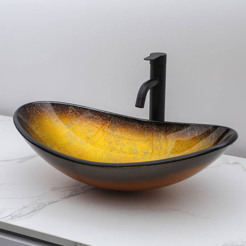 Lavabo de salle de bain vasque ovale en verre 21,7 "avec bonde escamotable, Brun