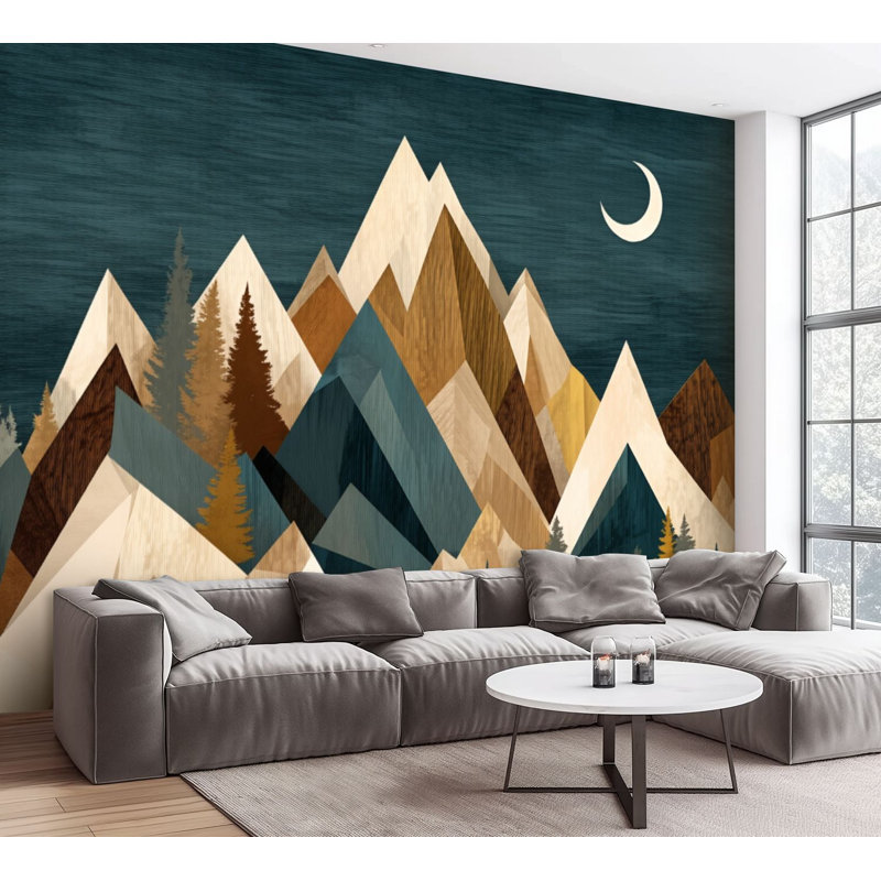 Papier peint adhésif peler et coller Mountain Nature Forest Rustic Farmhouse Moon Peaks Layered Layered, L 144 po x l 100 po