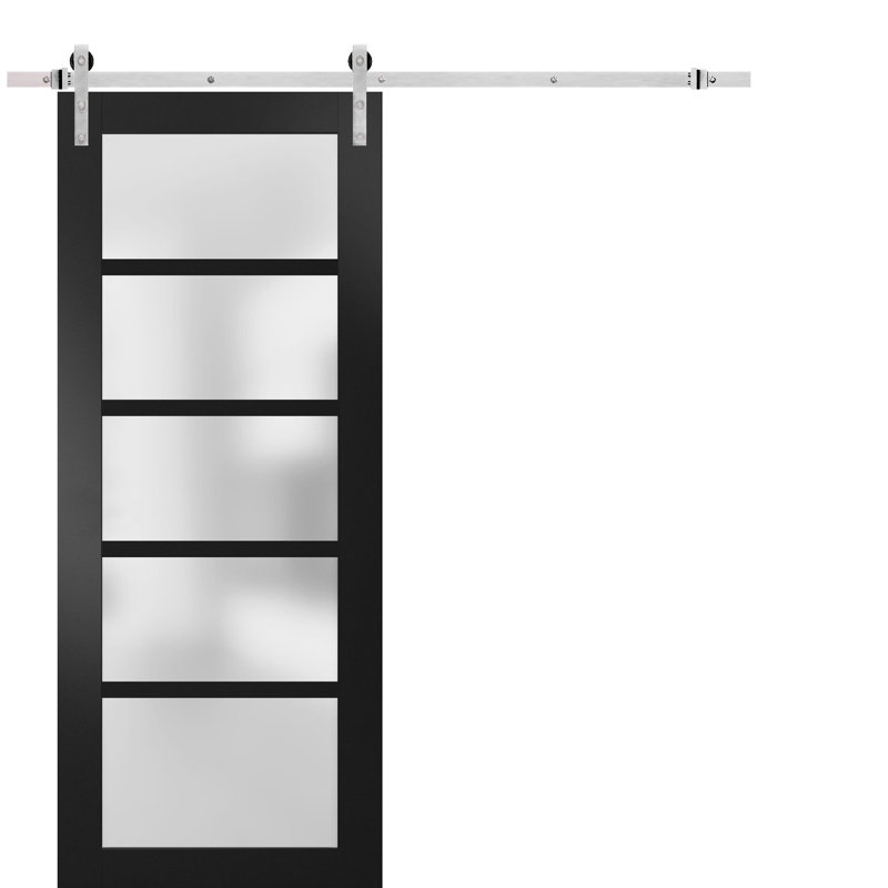 Porte de grange robuste Quadro 4002 Noir mat, rail de 2 m (6,6 pi), quincaillerie lourde, porte intérieure à panneau plein - 76 cm x 213 cm (30 po x 84 po) - Rail argenté