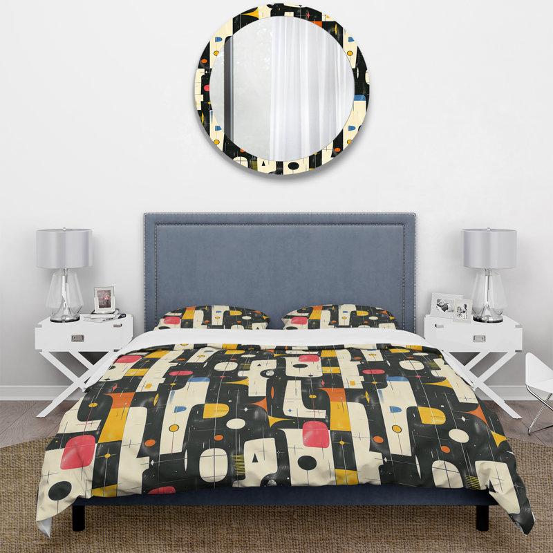 Ensemble de housse de couette orange noir Midcentury Geometric Shapes II - Midcentury