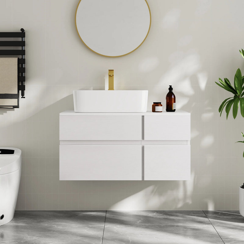 Yovani 31.5 White Wall-mounted Floating Bathroom Vanity with Faux Marble Top Ceramic Vessel Sink, White