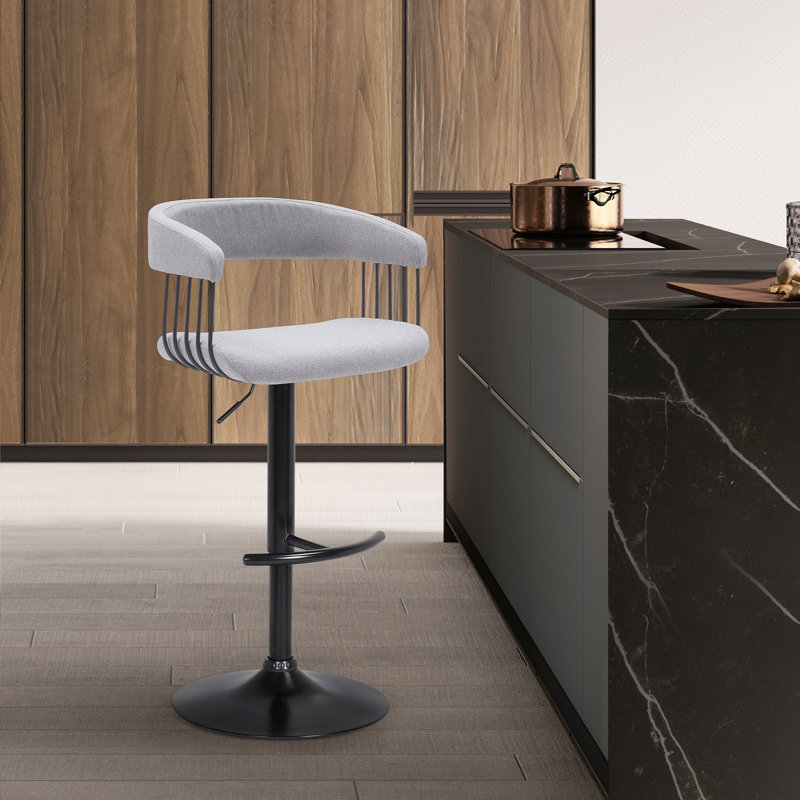 Demetrik Swivel Adjustable Height Upholstered Bar Stool with Arms and Pedestal Base, Black, Gray Tweed