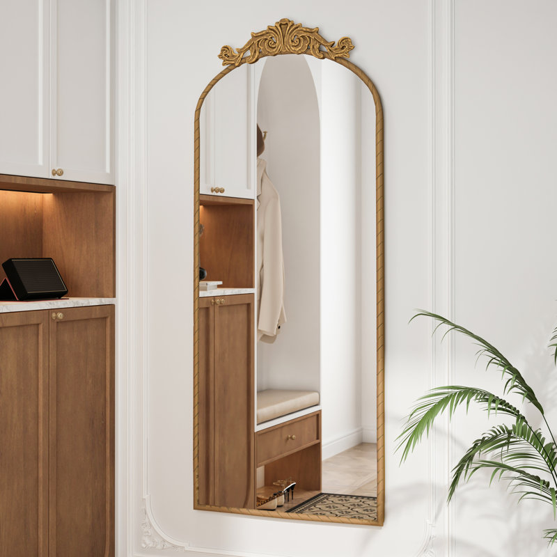 58"x24" Arched Full Body Mirror with Vintage Ornate Carved Applique on Top, Hanging Wall Mounted Mirror, Bronze