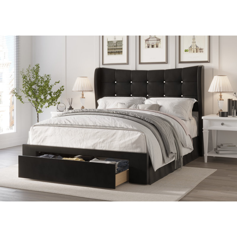 Culberson Upholstered Wingback Storage Bed, Twin, Black