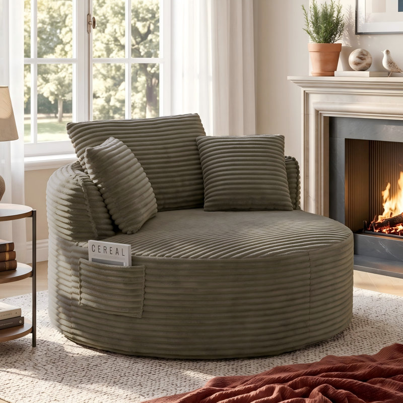 53.5" Oversized Round Chaise Lounge Chair Indoor, Comfy Corduroy Upholstered Boneless Couch with Pillow, No Assembly Required, Deep Seat Lounge Floor Sofa Chair for Living Room, Apartment
