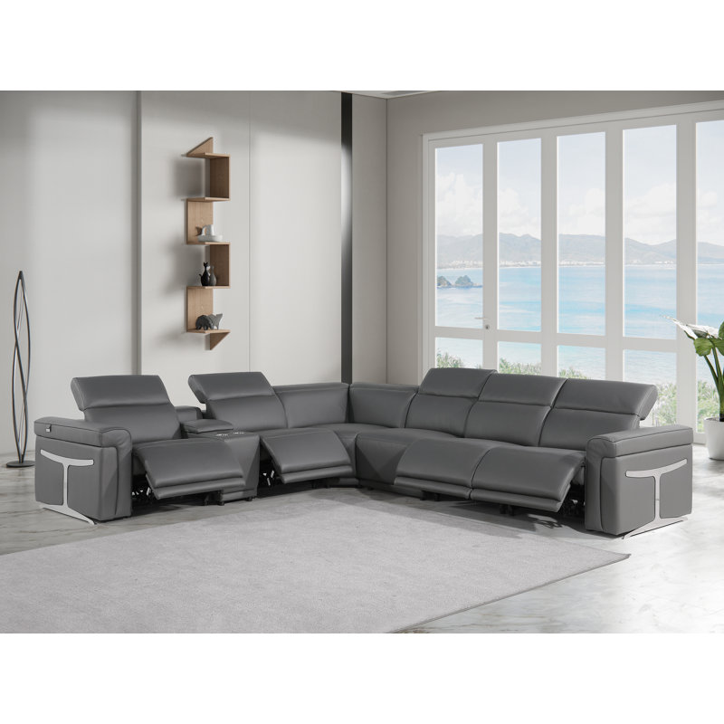 Suhur 7 - Piece Top Grain Italian Leather Reclining Sectional, Gray Genuine Leather