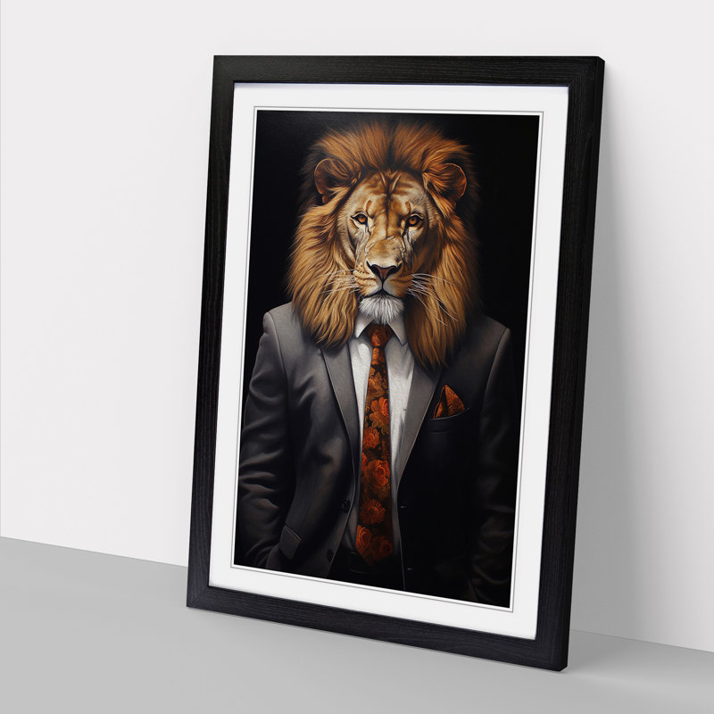 Lion In A Suit Painting No.5 - Single Picture Frame Print on Wood, Black Framed, 64cm H x 46cm W x 2cm D