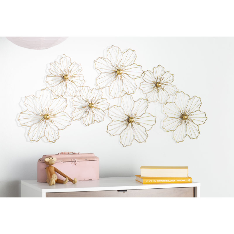 Metal Wire Foiled Floral Home Wall Decor with Scroll Accents, Gold