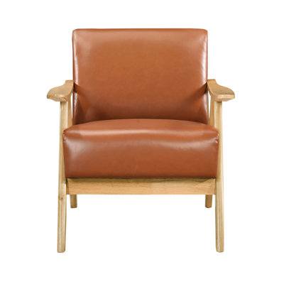 Home Decor Accent Chair: Brown Faux Leather, Solid Wood, Natural Finish, 21.5" Seat Width Furniture Matt Brown, Pocket Coils Padding,