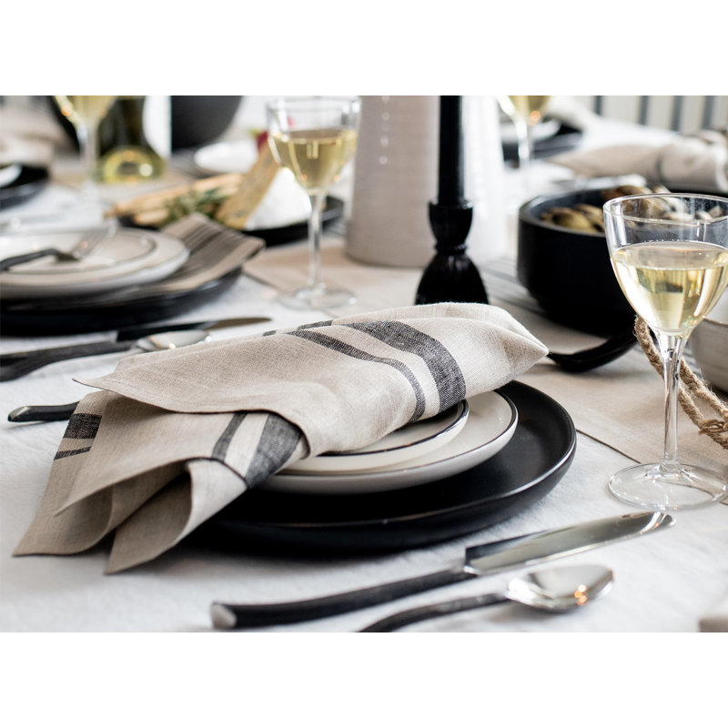Farmhouse - 100% Pure Linen Dinner Napkins, Black and Natural