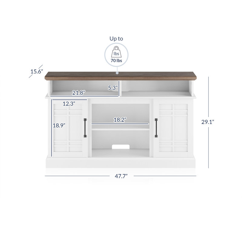 Meuble télé de jour pour téléviseur de 55 po ou moins avec rangement, 47.7", Blanc