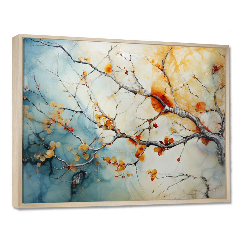 Orange, bleu sarcelle, érable brillant, agate I - arbre érable, art mural, H 24 po x l 32 po x P 1 po, Cadre flottant érable