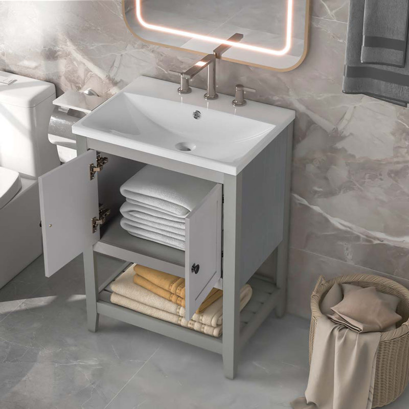 Gray MDF Freestanding Single Bathroom Vanity with Cultured Marble Sink