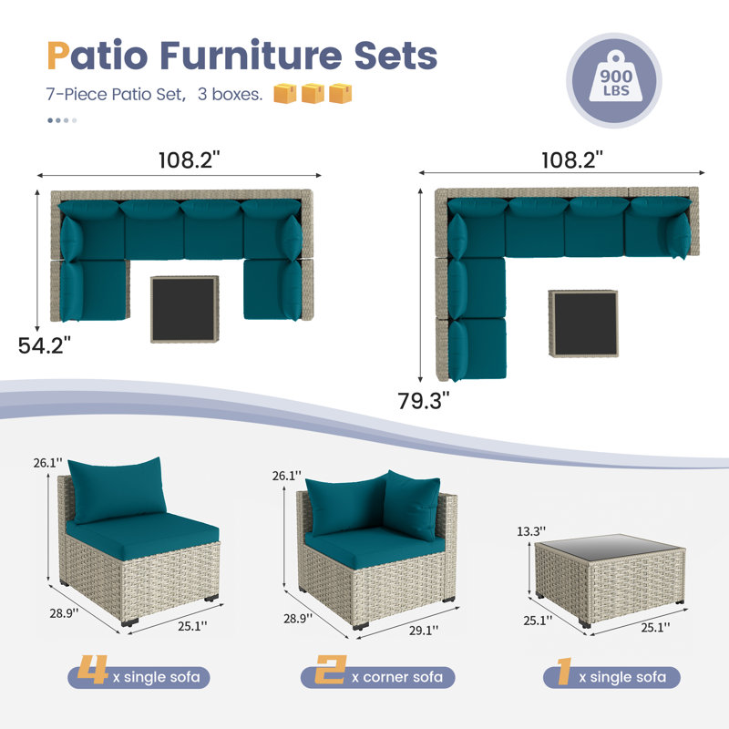 7 Pieces Rattan Patio Conversation Sets With Cushions, Peacock Blue