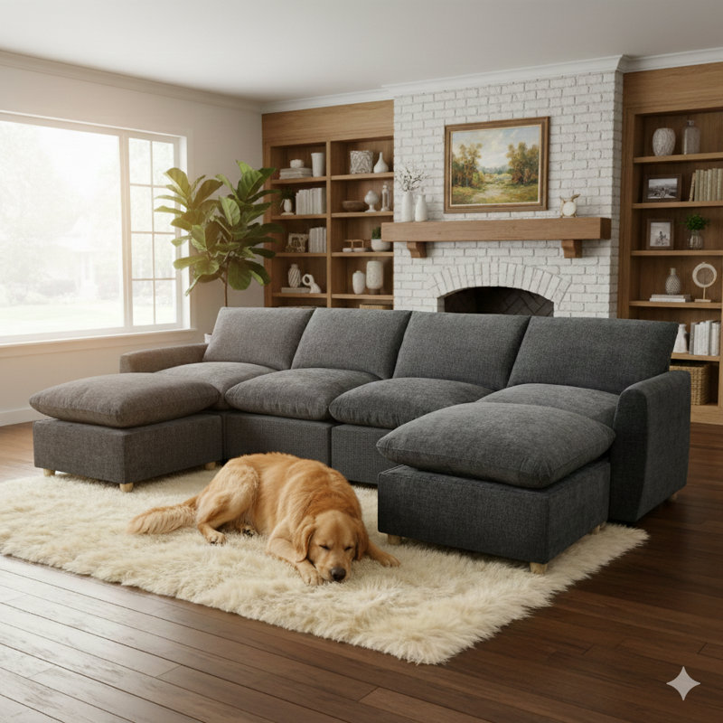 Ensemble de canapé modulaire de 129 pièces 6 pièces avec 4 sièges et 2 repose-pieds, Noir foncé