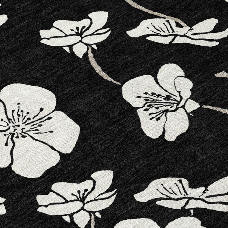 Black Floral Synthetic Rectangular Washable Rug 2'6" x 3'10"