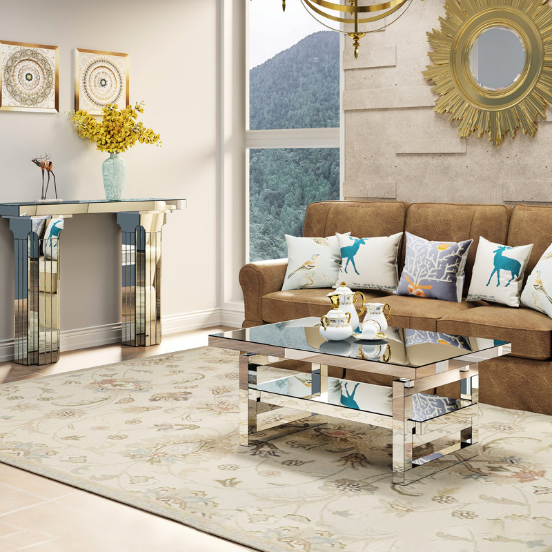 Table basse de conception moderne avec surface en miroir, 2 espaces de rangement, reflet transparent, table de luxe idéale pour le balcon, plateau en verre trempé, compartiments, matériaux de haute qualité, décoration