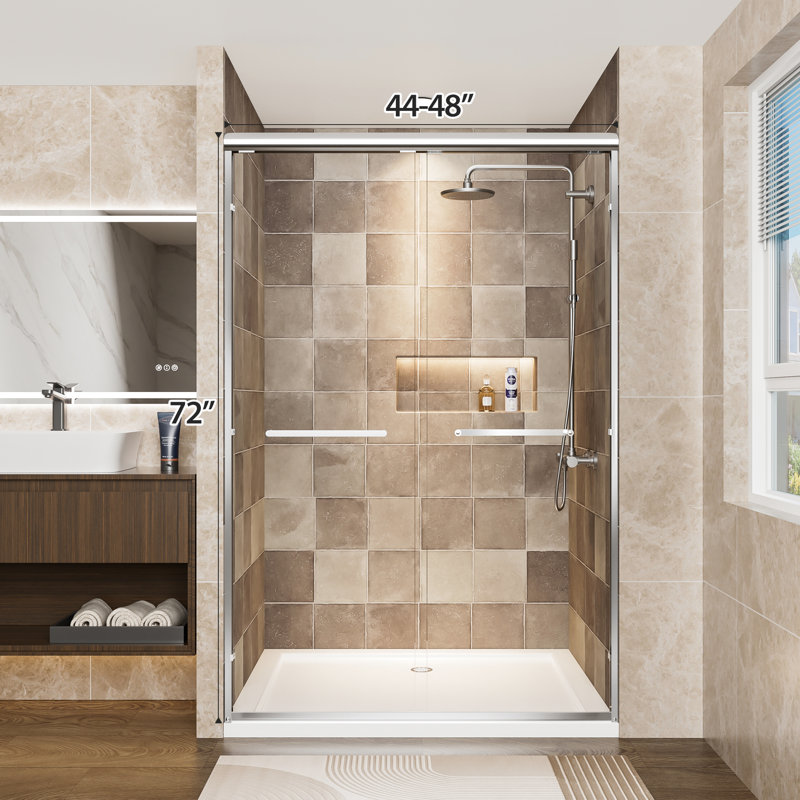 Aluminum Double Sliding Shower Door, 48" Wide, 72" High, 1/4"  6Mm  Clear Tempered Glass With Film, Corrosion - Handles, Easy Installation In Bathroom W X H Proof Dual Stainless Steel Reversible And
