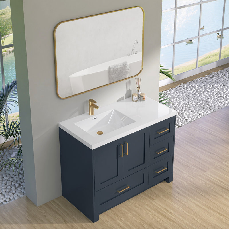 Comptoir de salle de bain 42 po avec lavabo intégré à gauche, comptoir sans couture blanc brillant, imperméable et facile à installer