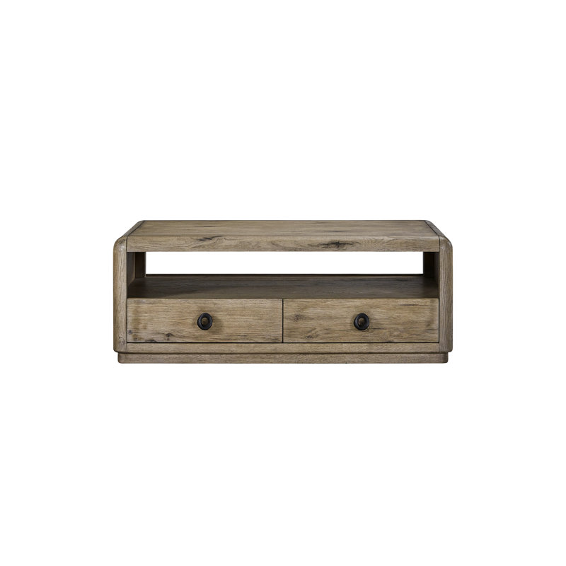 Table basse à tiroirs en chêne noueux anglais, deux tiroirs à fermeture automatique, tablette ouverte, poids du produit : 53 kg, bois massif et plateau plaqué, poids du colis : 63,5 kg