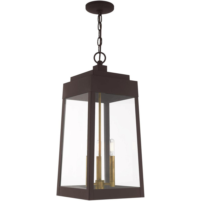 3 Light Outdoor Pendant Lantern with Clear Glass Shade, Black/Bronze, 24.50" H x 10.50" W x 10.50" D