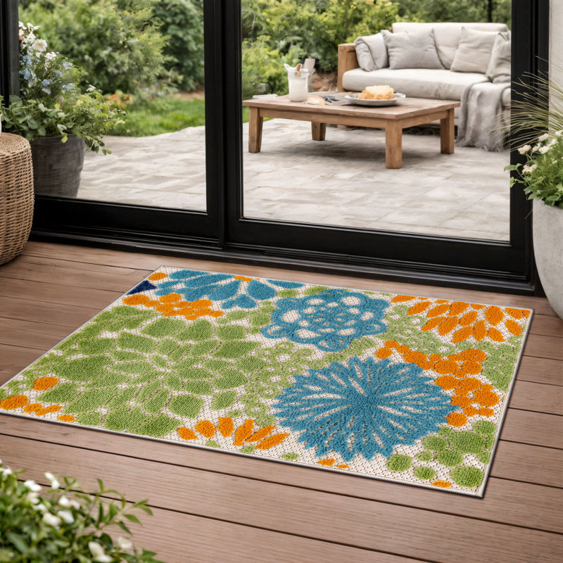 Tapis floral intérieur / extérieur beige / bleu marine / bleu sarcelle / vert / orange, Rectangulaire 2 pi x 3 pi