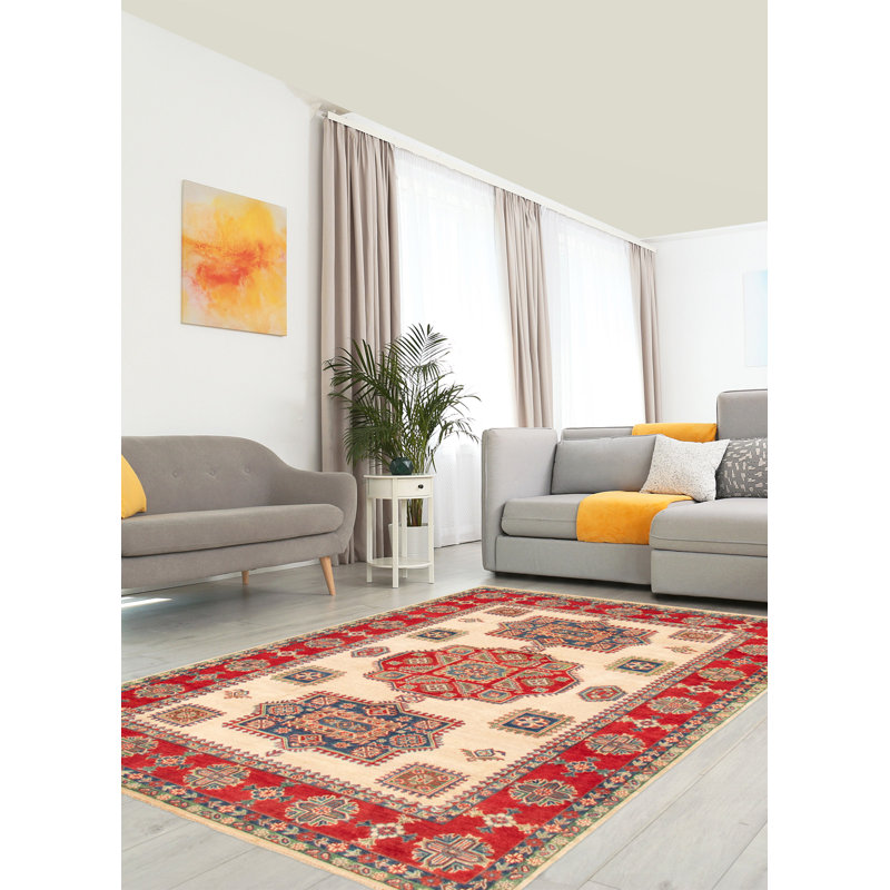 Tapis unique en laine noué à la main 6 pi 1 po x 9 pi nouvel âge en crème / rouge Oberta