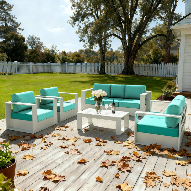 204cm Wide Patio Sofa with Cushions, Teal Cushion/White Frame