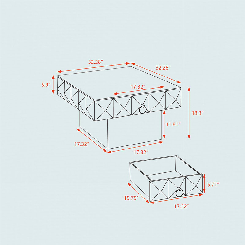 Three-Dimensional Embossed Pattern Square Retro Coffee Table With 2 Drawers And MDF Base, 18.3" H x 32.28" L x 32.28" W