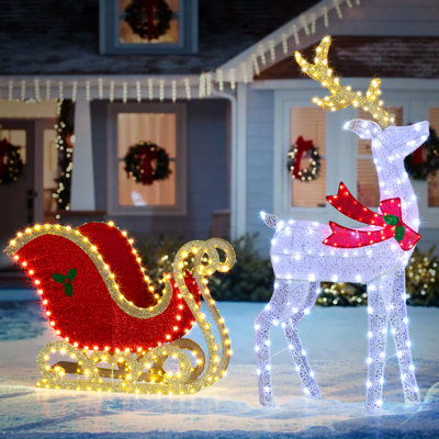 5FT Lighted Reindeer with Sleigh Christmas Outdoor Decorations
