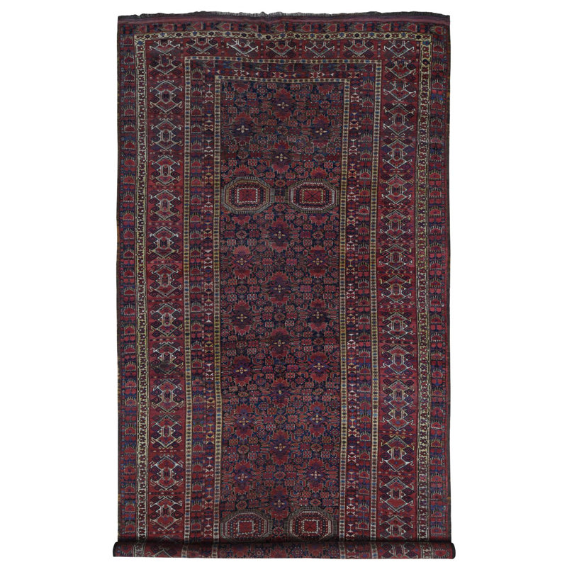 10 po x 4 po x 21 po - Bleu de minuit afghan antique Beshir à motif géométrique avec de multiples bordures, bon état, laine pure nouée à la main, tapis oriental Sh80310