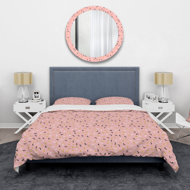 Retro Pink Squiggles en noir, blanc et vert I - Ensemble de housse de couette moderne - Polyester en microfibre