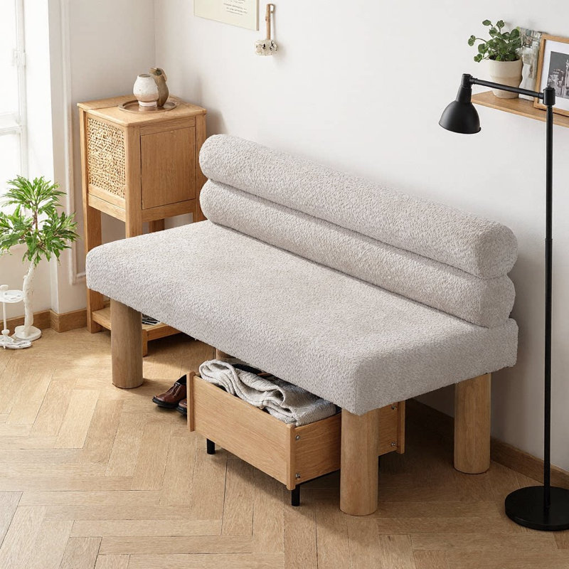 Banc de salle à manger rembourré avec pieds en bois d'hévéa et dossier roulé Yisroel, Polyester jaune, Brun