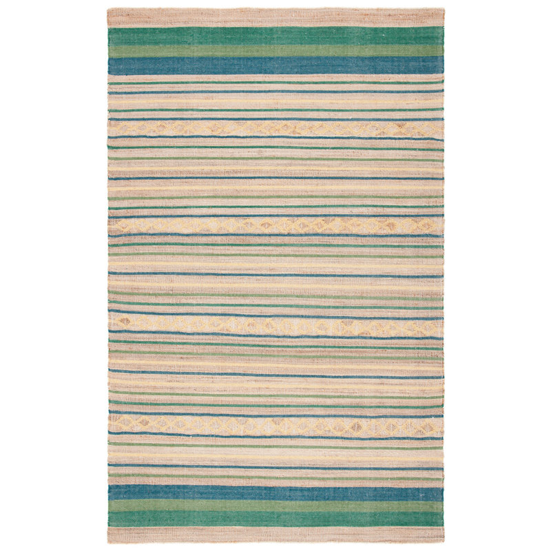 Grice Hand Woven Jute/Wool Striped Rug in Natural/Green, Rectangle 5' x 8'