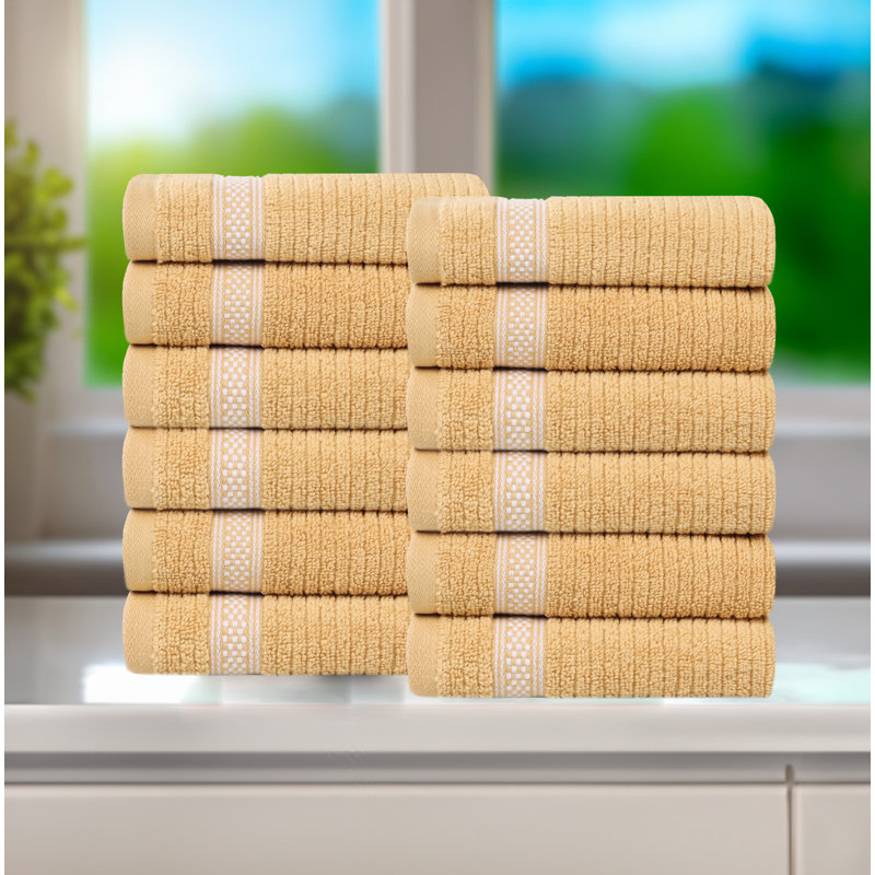 Amanita Zero Twist Cotton Ribbed Modern Geometric Border Soft Face Towel/Washcloth Set, Gold